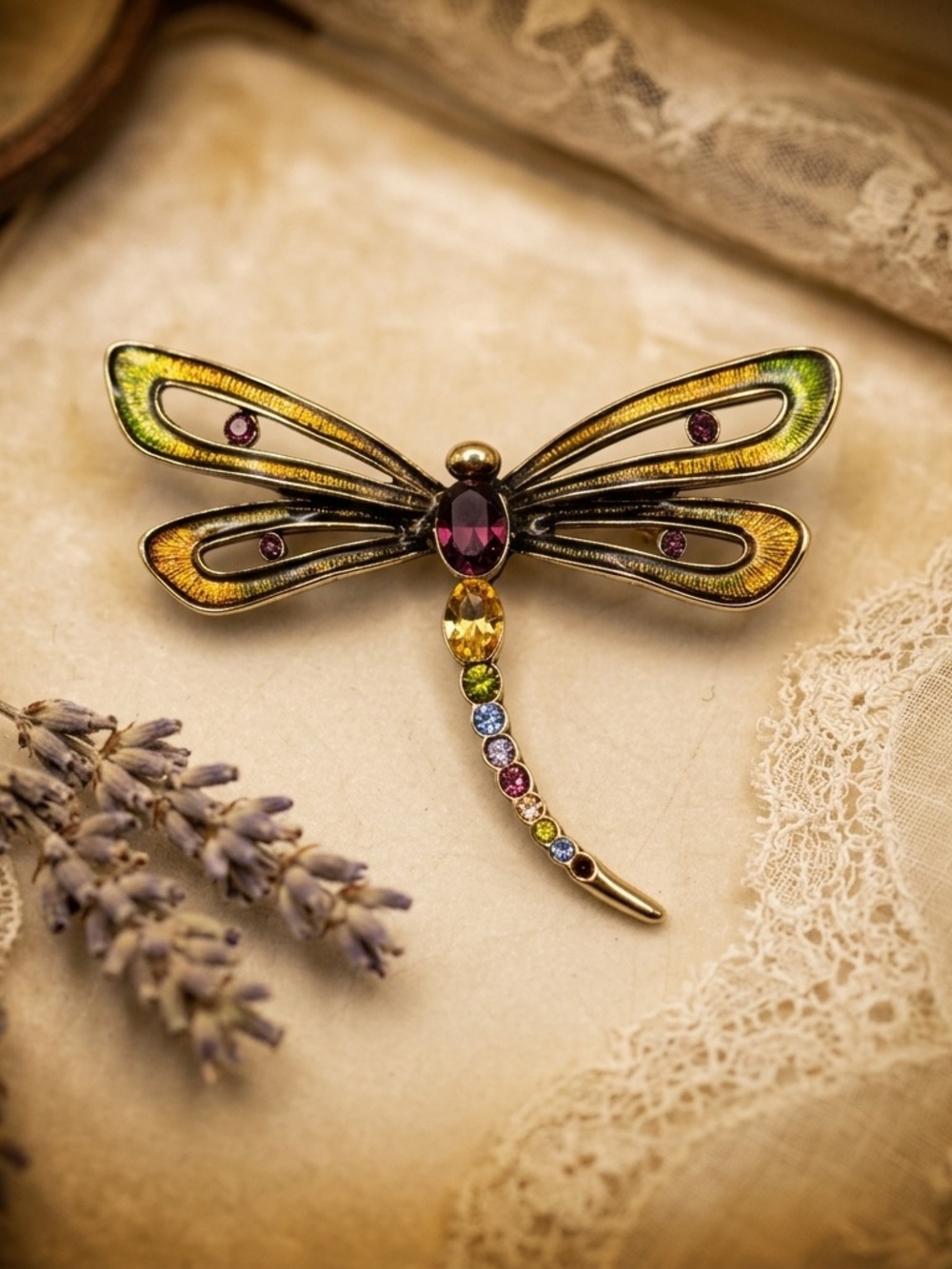 Vintage Monet Enamel Rhinestone Dragonfly Brooch
